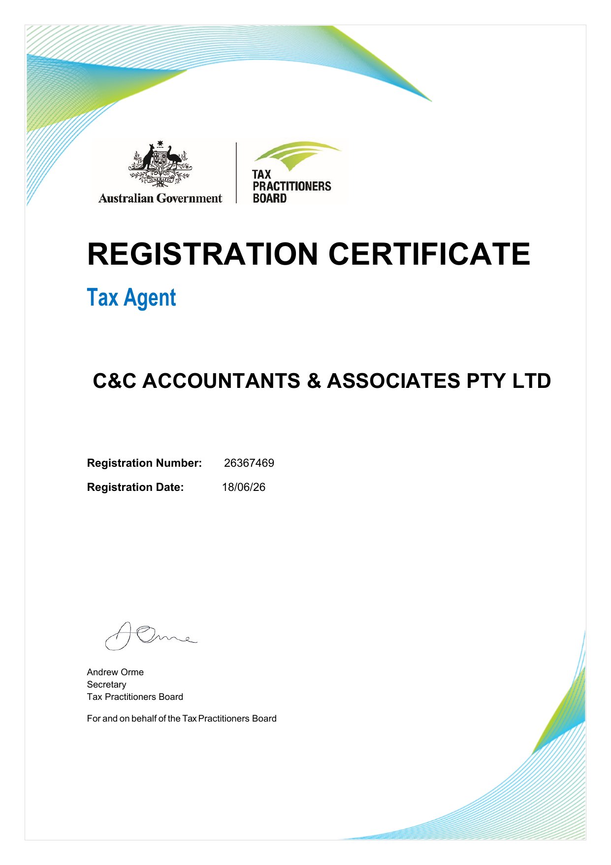 Tax Practitioners Board Registration Certificate — Tax Agent, C&C Accountants & Associates Pty Ltd, Registration Number 26367469
